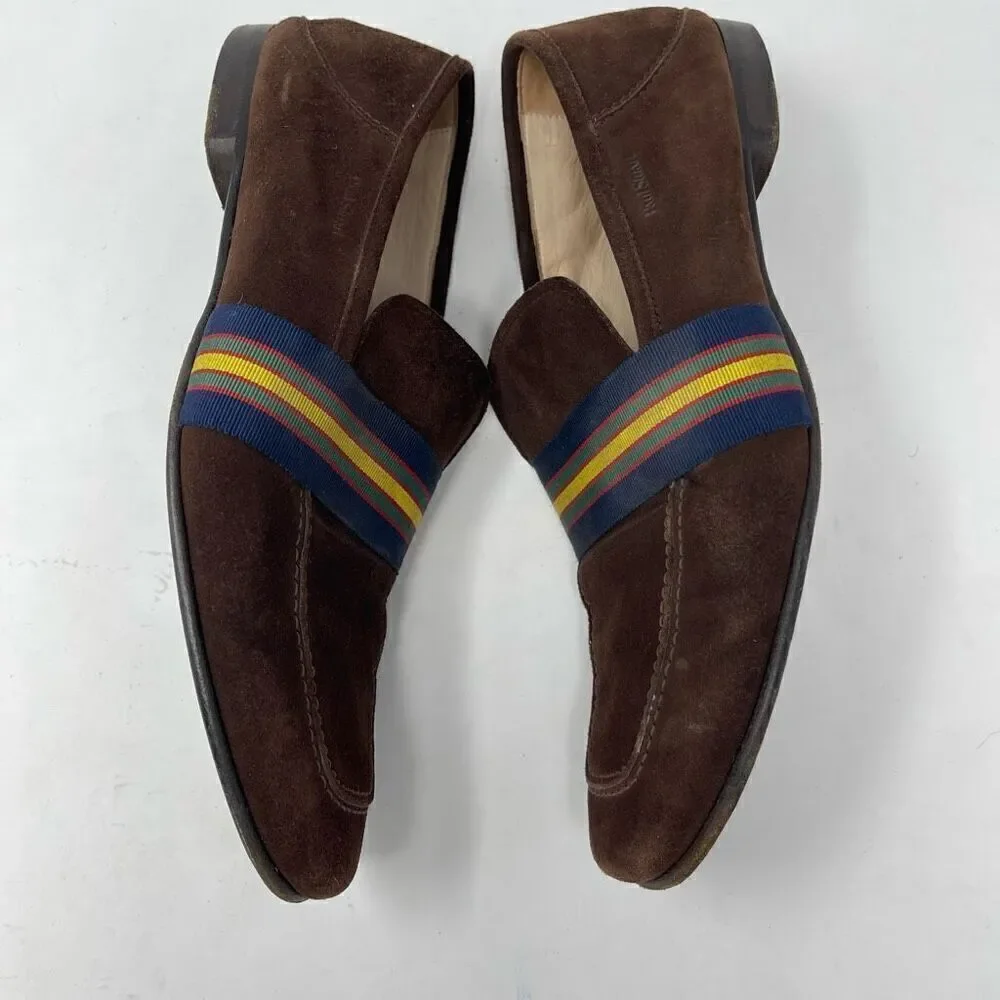 Paul Stuart Brown Blue Striped Herve Ribbon Band Slip on Suede Loafer Size 8